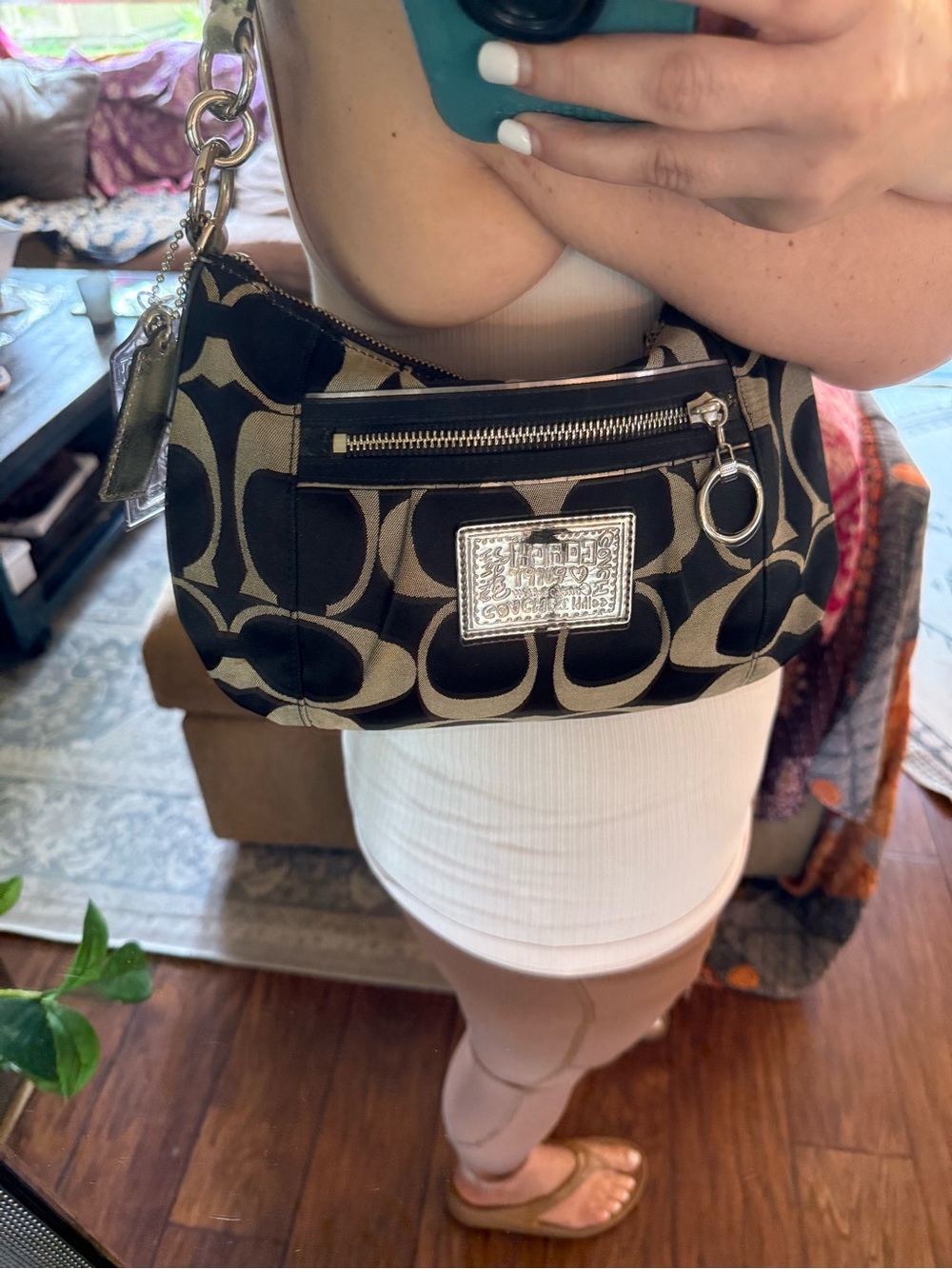 Coach Poppy Y2K Signature Shoulder Bag Black Canvas Silver Metallic Strap Charm - Picture 2 of 15